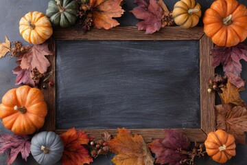 Rustic wooden frame with vibrant autumn leaves and pumpkins surrounding a blank blackboard for text
