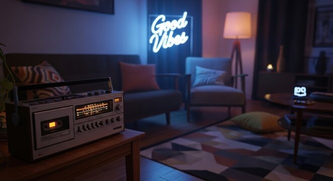 Good Vibes Neon Sign Illuminating a Retro Living Room with Vintage Boombox and Cozy Ambiance