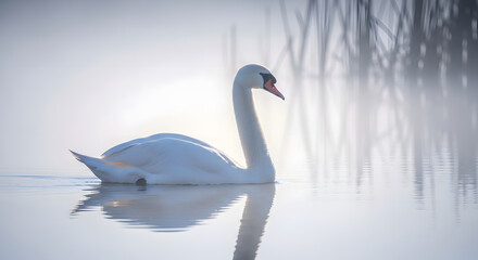Fototapeta premium Elegant white swan glides gracefully on calm water reflecting soft morning sunlight and vertical ripples