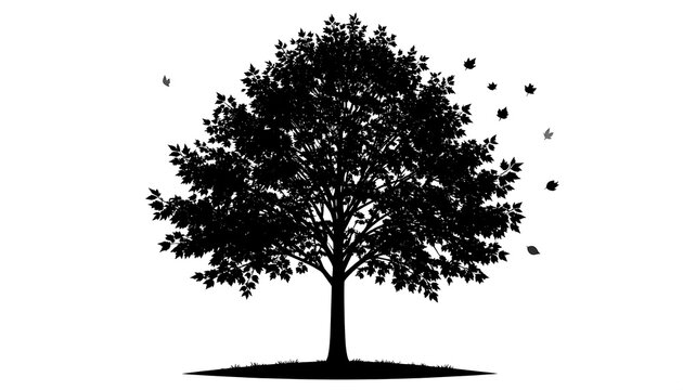 A robust silhouette of a majestic tree, showcasing autumnal leaves gracefully drifting in the breeze.