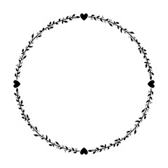 Romantic heart and floral circle frame black white border