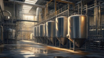 Industrial tanks and pipes in a factory setting