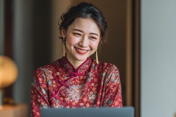 Female colleague in traditional cheongsam smiling warmly, symbolizing festive celebration and cultural pride.