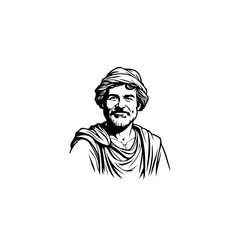 Monochrome portrait of thoughtful man adorned in turban and draped cloth evoking historical