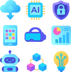Technology and Digital Icon Set – Cloud, AI, Cybersecurity, Mobile Apps, and Innovation Vector
