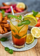 Fototapeta premium Refreshing iced tea with lime drink, umbrella, cocktail, summer 