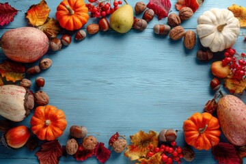 Obraz premium Vibrant autumn harvest border frame with pumpkins gourds nuts and fall leaves on rustic blue wood