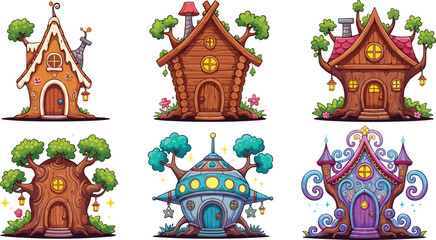 Fantasy fairy tale houses illustration, magical tree homes, cartoon whimsical cottages, enchanted village vector artwork for storybook and decoration.