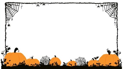 Whimsical halloween border with pumpkins spiders and cobwebs framing a blank white space for text