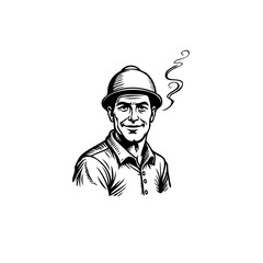 Retro styled confident construction worker portrait with safety helmet and a smoke illustration