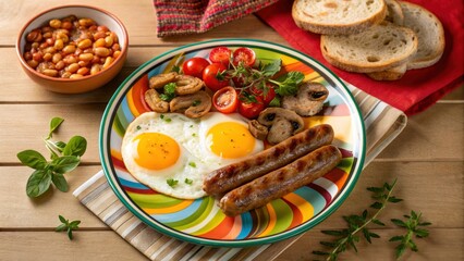Sunny side up egg, sausage, mushroom, tomato, and fresh herb breakfast on colorful plate, with baked bean and bread, vibrant and inviting