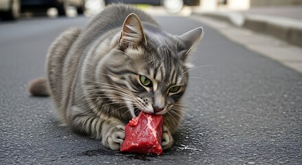 Grey tabby cat eating raw meat on street.