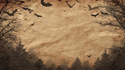 Mysterious vintage textured background with silhouettes of flying bats and spooky trees at dusk