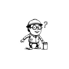 Sketch of an unsure cartoon engineer pondering with a hard hat and a cylinder object for a future