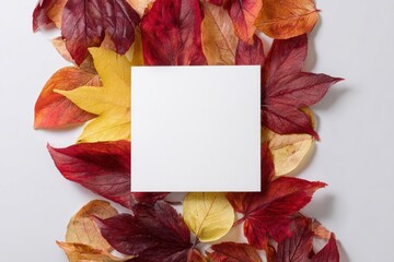 Obraz premium Blank white card surrounded by vibrant autumn leaves in a vertical arrangement on a light background