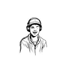 Sketch of a young man wearing headphones and a cap with a playful wink expression artistic