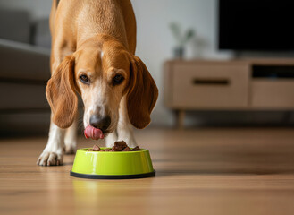 A dog is eating food from a green bowl on a wooden floor