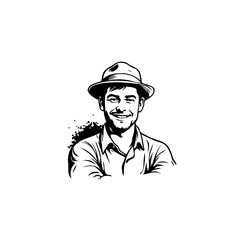 Smiling man in hat illustration offering rustic charm and genuine warmth in monochrome portrait