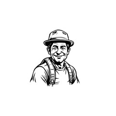 Smiling outdoorsman illustration wearing hat and harness equipment showcases his cheerful