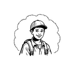 Smiling young student ready for education with backpack in outline style drawing on white background