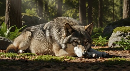 Grey Wolf Resting in Sun Dappled Forest.