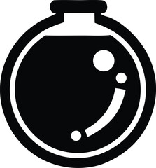 Simple black and white icon of a circular potion bottle with bubbles and liquid chemistry science concept art