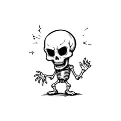 Stylized cartoon skeleton illustration with raised hands and a perplexed expression isolated on a