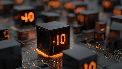 A central, glowing orange '10' illuminates a dark metallic cube, situated on a circuit board amidst numerous similar, smaller cubes displaying various numbers