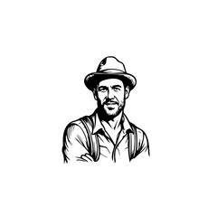 Stylized portrait of a confident man in a fedora and shirt with suspenders evokes rural fashion