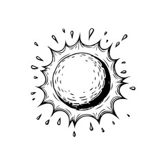 Stylized radiant sun drawing with jagged edges and scattered droplets in monochrome illustration