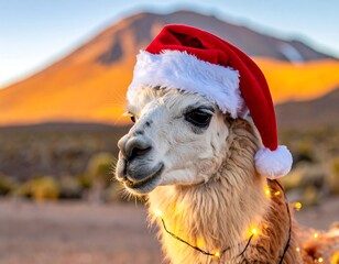 Llama wearing Santa hat at sunset