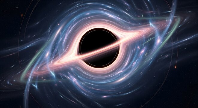 A stunning artistic representation of a supermassive black hole with a glowing accretion disk and warped spacetime in the cosmos.