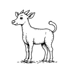 Whimsical baby goat illustration in black and white for educational designs and animal themed