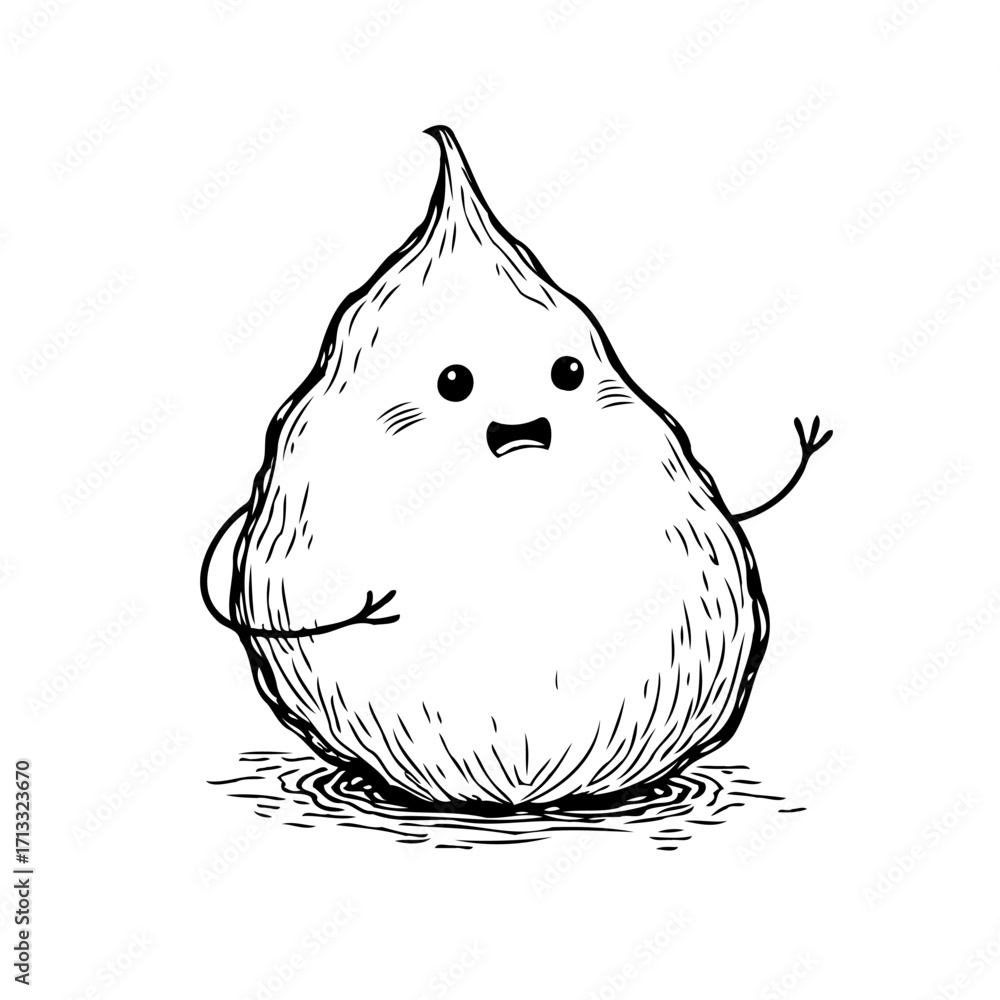 Poster Whimsical cartoon droplet character displaying confusion and uncertainty with expressive line work