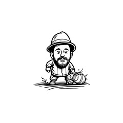 Whimsical caricature illustration: A jovial adventurer with beard and hat holding spherical item