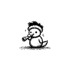 Whimsical cartoon chick cheerfully playing tiny trumpet in a playful black and white scene