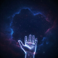 Radiant digital virtual AI hand toward a cosmic void surrounded by glowing nebula clouds, evoking mystery, exploration, and infinite universe. Presentation of a blank empty background with copy space