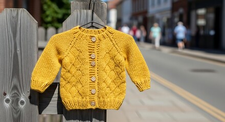 Hand-knitted yellow baby cardigan hanging outdoors on a sunny day.