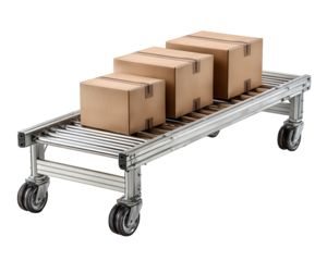 Industrial roller conveyor with cardboard box for efficient shipping and warehouse logistics. This mobile package handling equipment for distribution and transport
