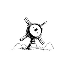 Whimsical depiction of unusual mechanism rising from ethereal clouds in striking monochrome