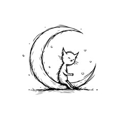 Whimsical feline artwork featuring a charming kitten resting serenely within the crescent of a