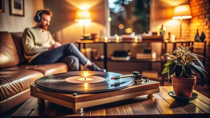 Obraz premium Relaxing Vintage Vinyl Listening Session: Calm & Nostalgic Home Atmosphere