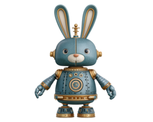 Cute and playful steampunk robot bunny toy character. This vintage mechanical rabbit features charming expression, blue and gold metal design, and isolated presentation