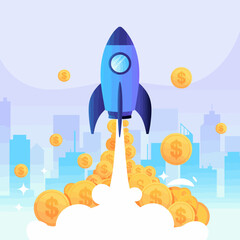 A visually captivating image of a rocket propelling upward, scattering golden coins in an urban landscape, symbolizing prosperity and the promise of success.