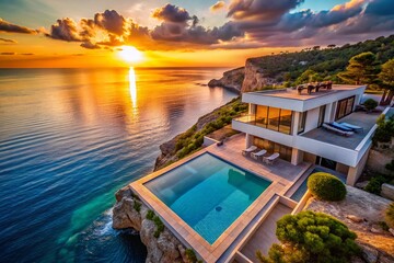 Obraz premium Sunrise Aerial Drone Shot: Modern Cliffside Villa with Infinity Pool & Turquoise Ocean