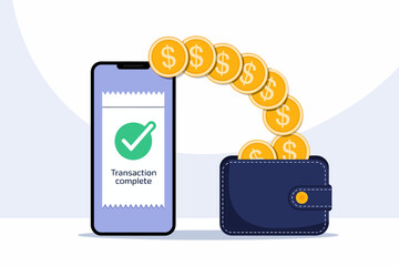 The image illustrates a transaction completion message on a smartphone, showcasing a seamless flow of coins into a wallet, symbolizing ease and reliability in digital money transfers.