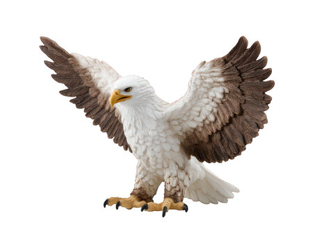 Majestic bald eagle statue, proud bird sculpture with wings spread wide. This powerful figurine element, isolated on transparent background, symbolizes freedom and power