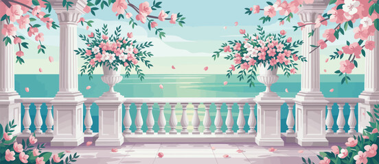 This serene image showcases a beautifully designed balcony adorned with pink flowers and greenery, overlooking a tranquil sea at sunset. Perfect for any calming art collection.