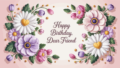 An enchanting image depicting a floral birthday greeting that says 'Happy Birthday, Dear Friend', ideal for expressing affection and celebrating friendships on special occasions.