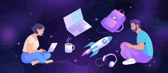 An artistic representation of a dynamic workspace featuring students working on laptops, surrounded by cosmic elements that inspire creativity and collaboration.